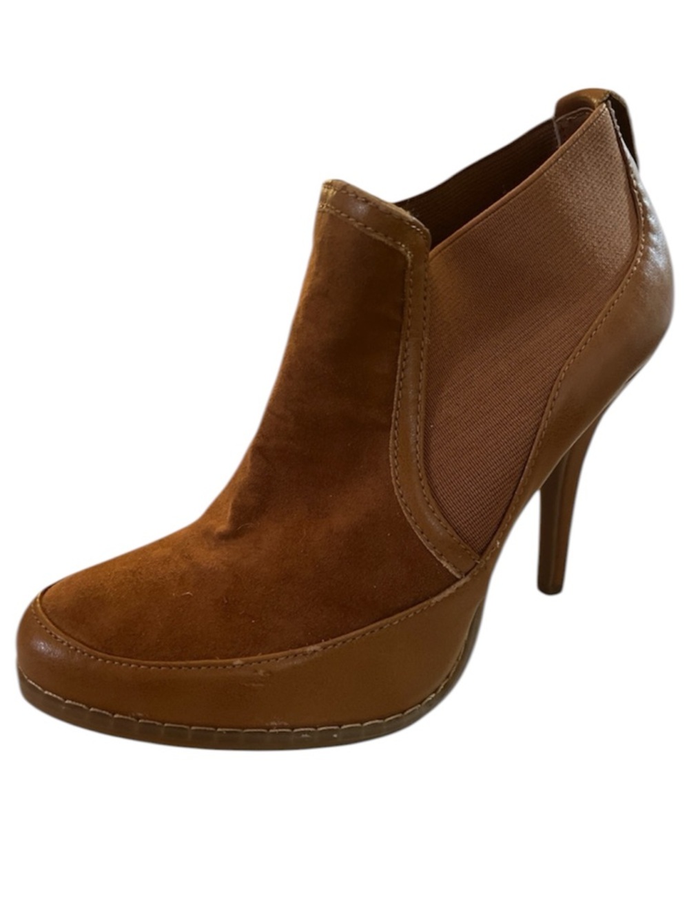 BCBG Paris Light Brown Boho Faux Leather & Suede High 4” Heel Ankle Boots Size 7
